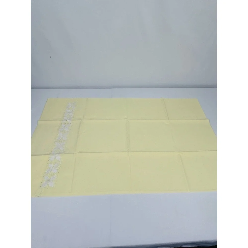 Vintage Cross Stitched Pillowcase Yellow w/White Stitching 33 x 21